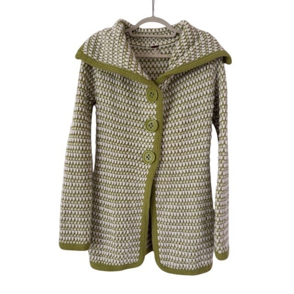 Free People Lime Green Cream Chunky Knit‎ Shawl Collar Button Cardigan Sweater M